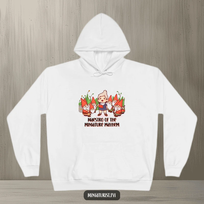 Funny Hoodie: Tiny orchestra conductor enthusiastically leading a comical symphony of garden gnomes in a cozy design.