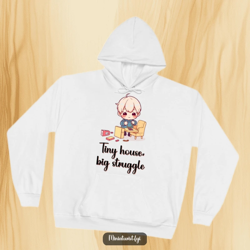 Funny hoodie showing a tiny determined character assembling impossibly small furniture, capturing the humor of miniature DIY projects.