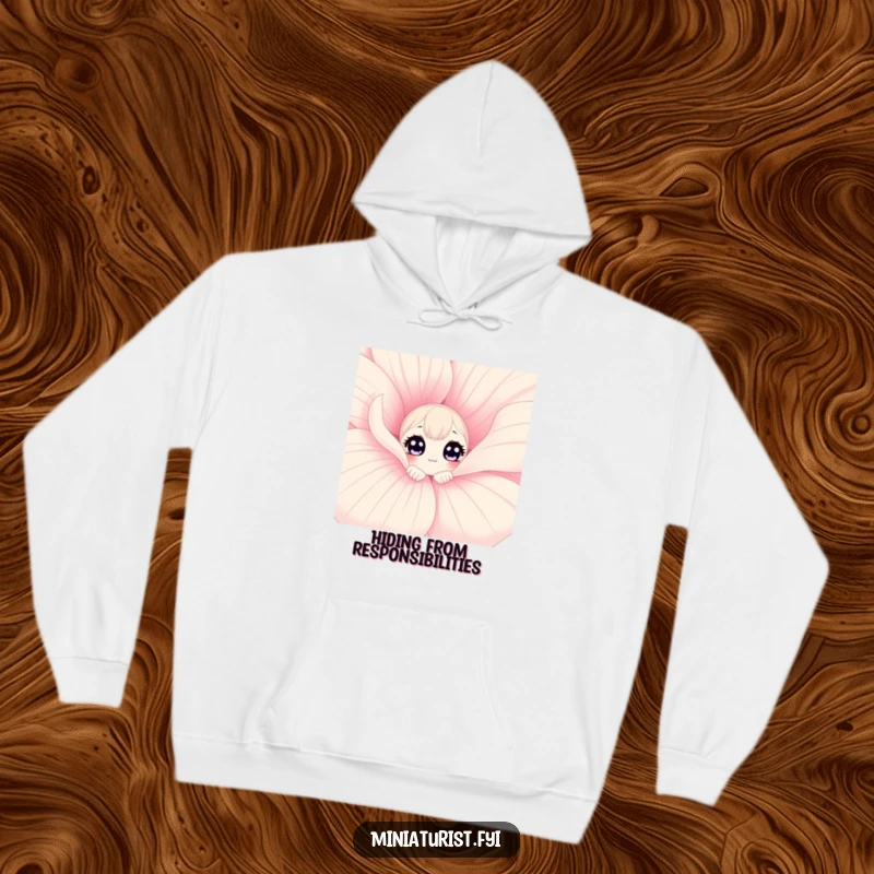Funny hoodie with a small character's wide, curious eyes peeking from behind a giant flower petal, evoking delightful mystery.