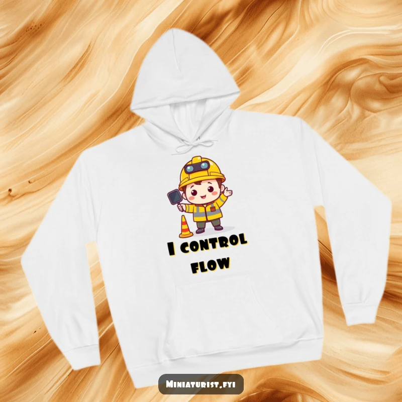 Funny hoodie showing a tiny character in a construction hat directing miniature traffic, symbolizing playful command and organized chaos.