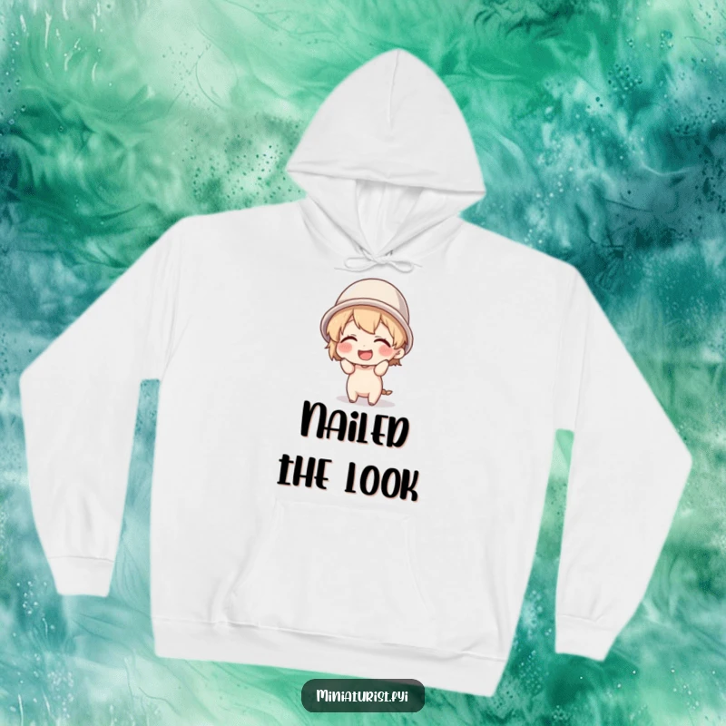 Funny tiny character giggling while attempting to wear a thimble as a hat, printed on a soft and warm hoodie.