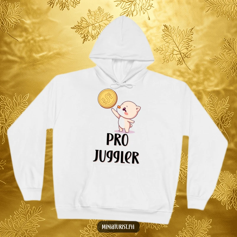 Funny hoodie showcasing a determined little character trying to balance an oversized coin on its nose, embodying playful struggle and humor.