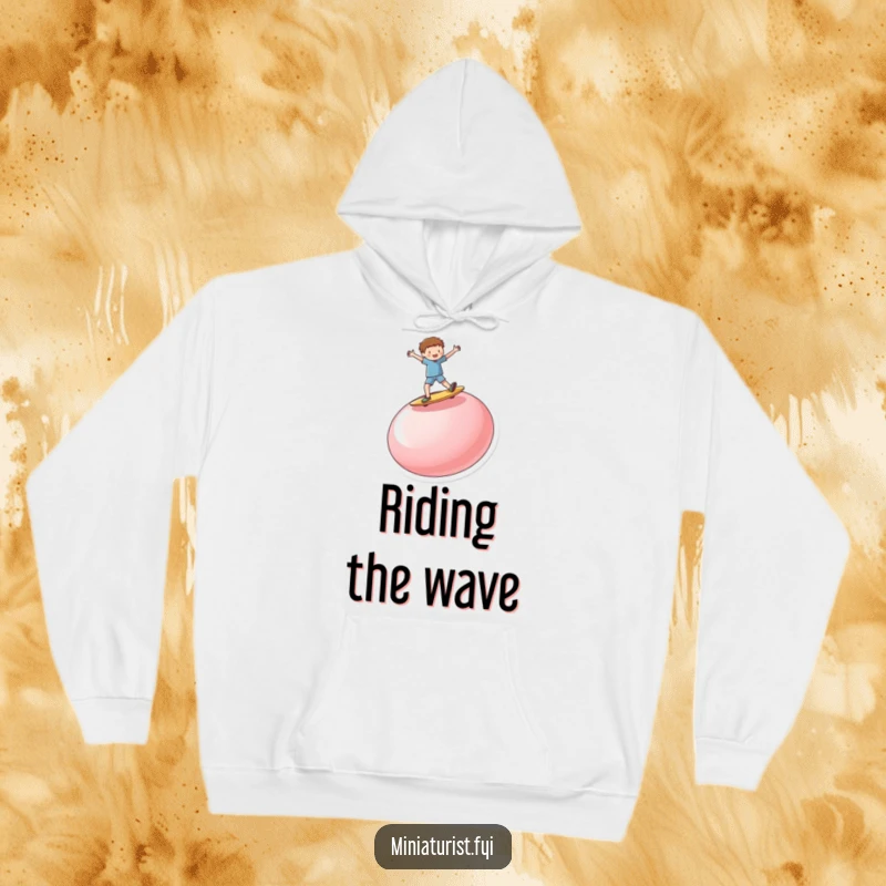 Funny miniature person enthusiastically surfing on a ridiculously large, upturned button, printed on a soft and warm hoodie.