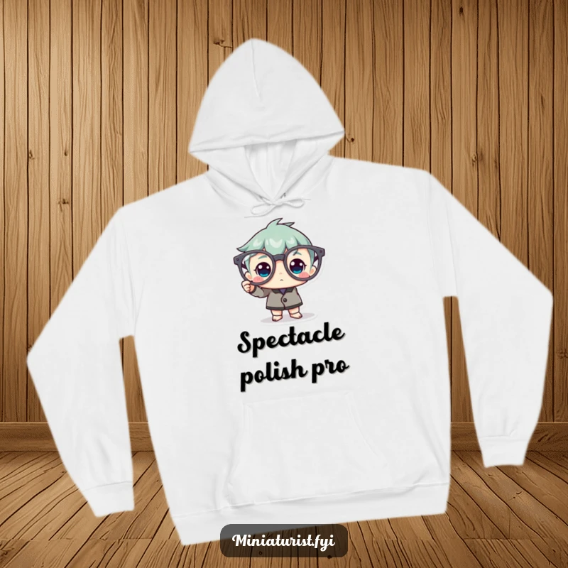 Funny Hoodie: A miniature character diligently polishes a pair of comically huge spectacles with great care.