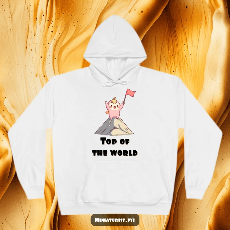 Funny hoodie showing a cute character triumphantly waving a tiny flag on a mountain peak, perfect for cozy, humorous outdoor adventures.