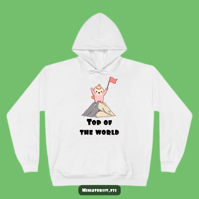 Cozy Funny Mountaintop Hoodie: Cute Character Flag Waving, Best Funny Gift for Hikers