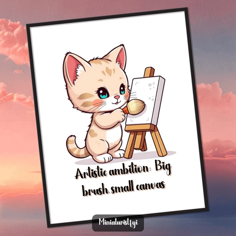 Funny Free Printable Wall Art of a tiny kitten character enthusiastically painting a miniature easel with a comically giant brush.