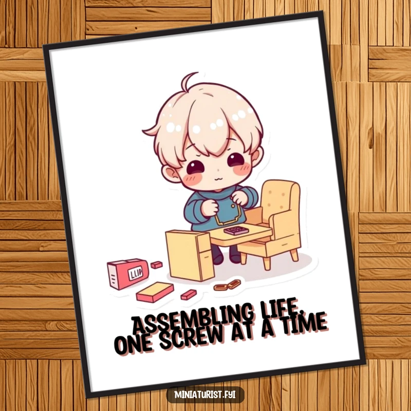 Funny Free Printable Wall Art: Tiny character intensely focuses on assembling a minuscule piece of furniture, hilarious DIY decor.