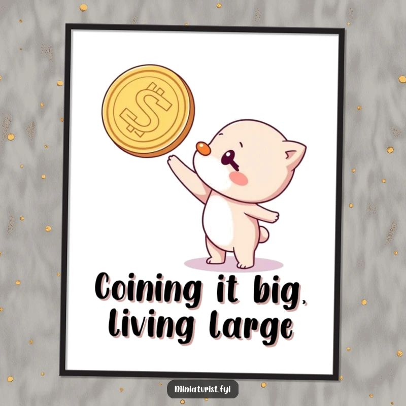 Funny free printable wall art: a determined character balances a massive coin on its nose, creating a whimsical and humorous scene.