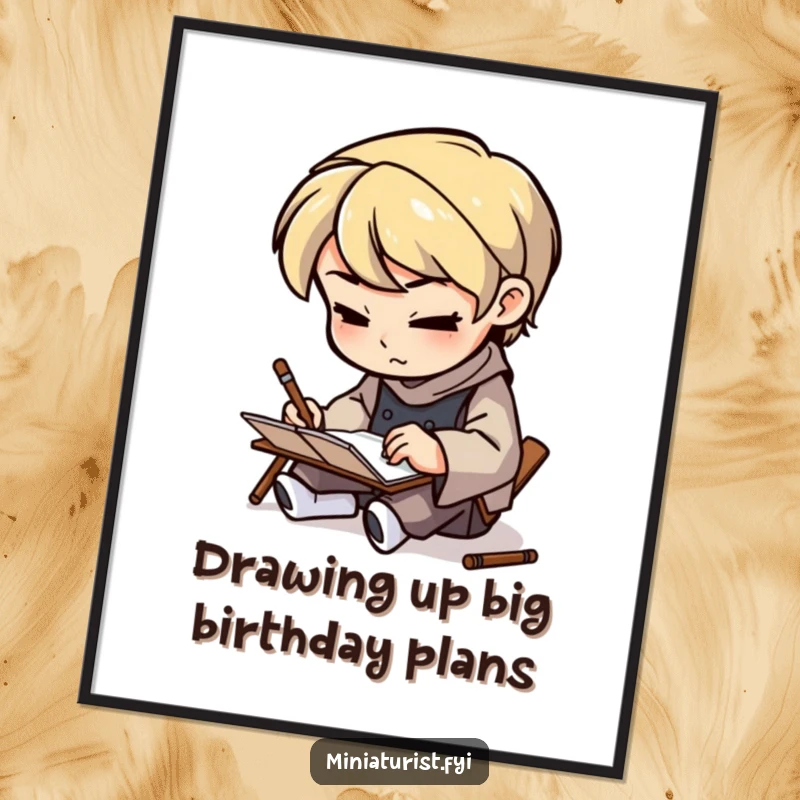 Funny Free Printable Wall Art: A miniature artisan looking determined while sketching on a very small notepad.