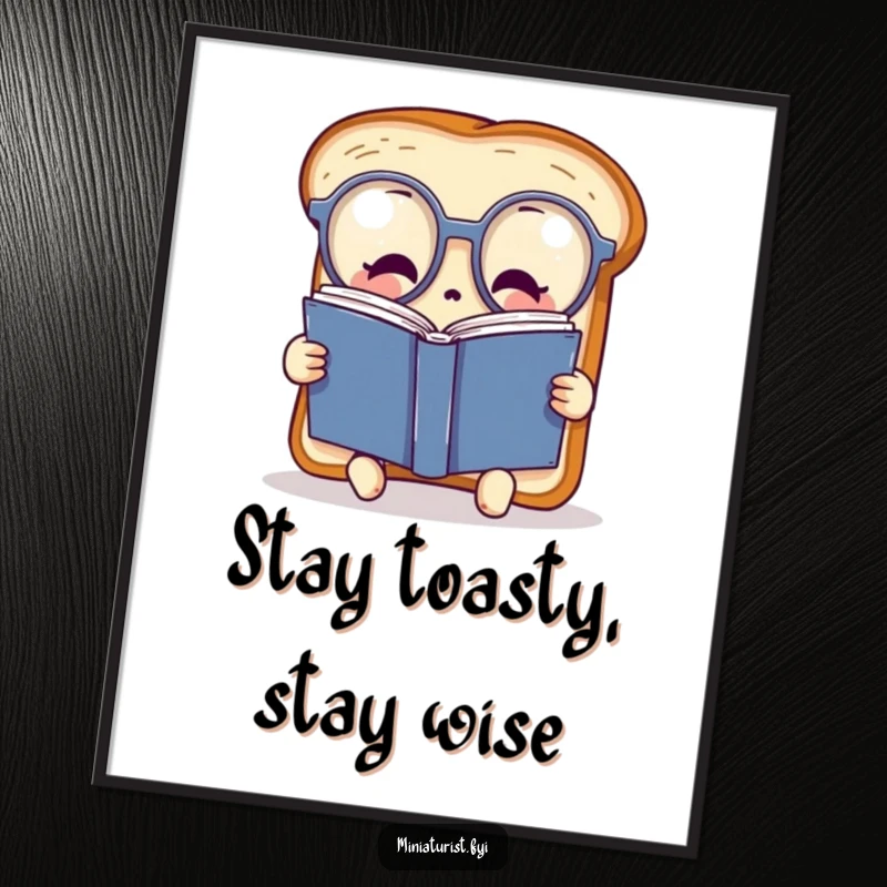 Funny Free Printable Wall Art of a miniature toast slice wearing oversized spectacles, deeply engrossed in reading a colossal book.