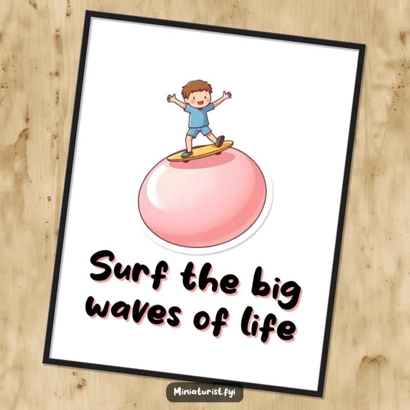 Funny free printable wall art: miniature person surfing with gusto on a giant upturned button, capturing an epic moment.