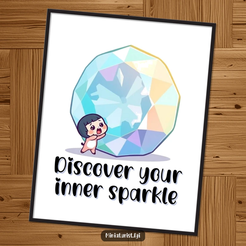 Funny free printable wall art: a tiny character gasping in amazed delight at a colossal, glittering gemstone, pure awe.