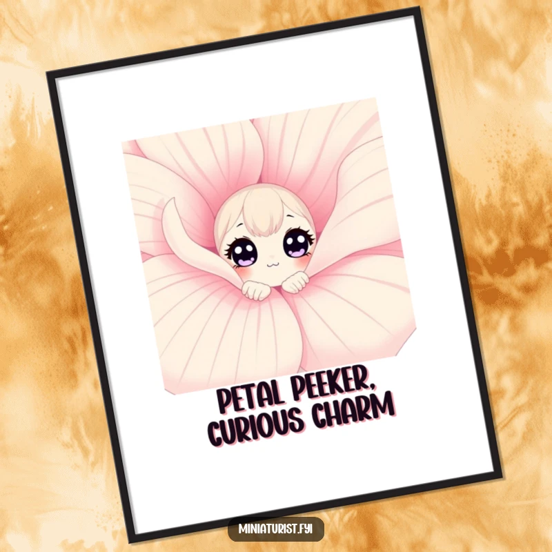 Funny Free Printable Wall Art of a small, curious character peeking from behind a giant flower petal, radiating innocence and charm.