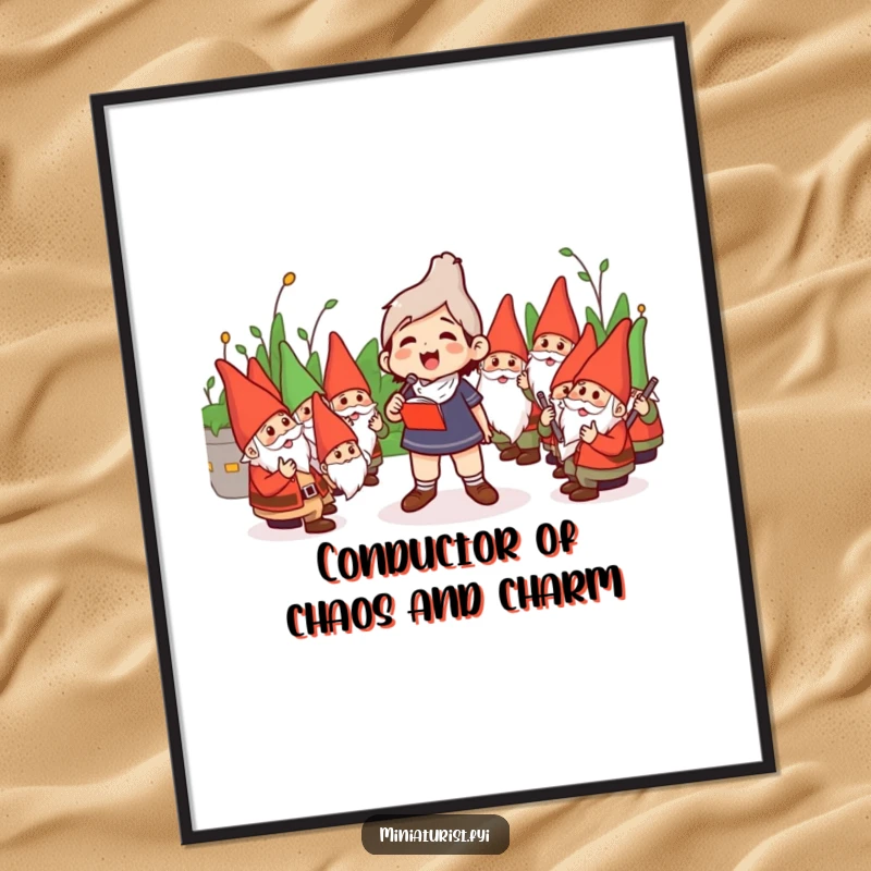 Funny Free Printable Wall Art: Miniature character enthusiastically conducting an orchestra of garden gnomes, bringing vibrant energy to your decor.