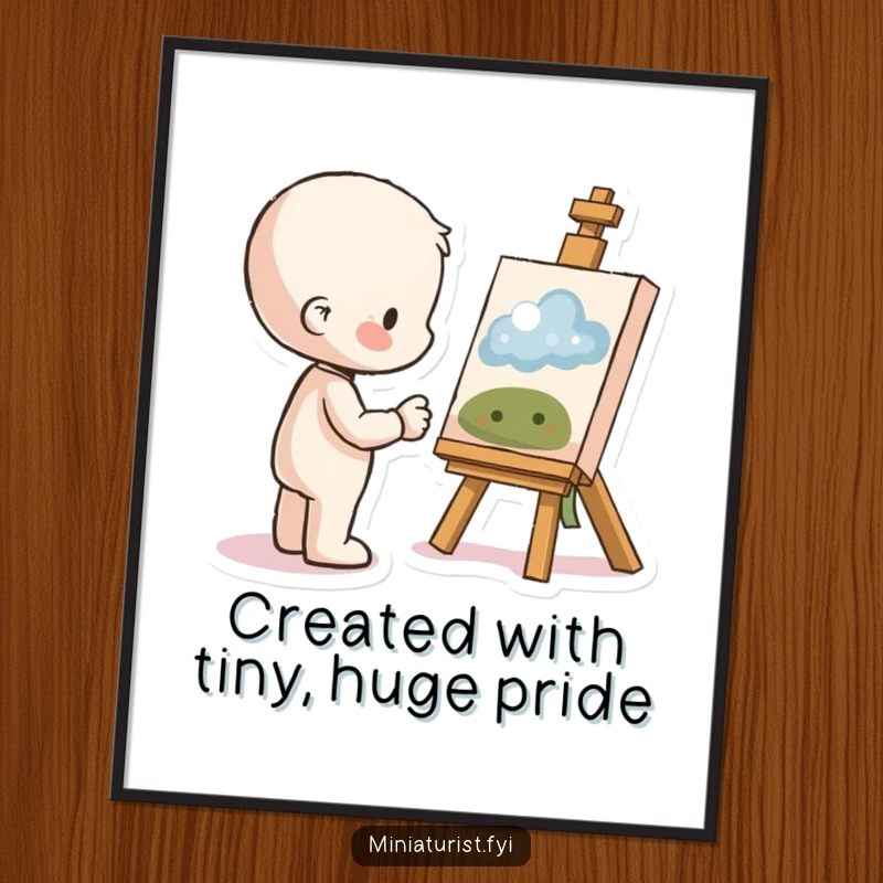 Funny Free Printable Wall Art: A small figure beaming with pride and a smile, admiring a finished tiny artwork.