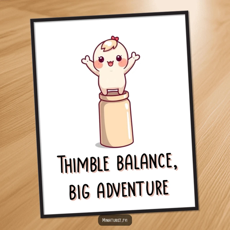 Funny Free Printable Wall Art: Small character wobbling on a thimble, waving arms, a humorous piece of decor.