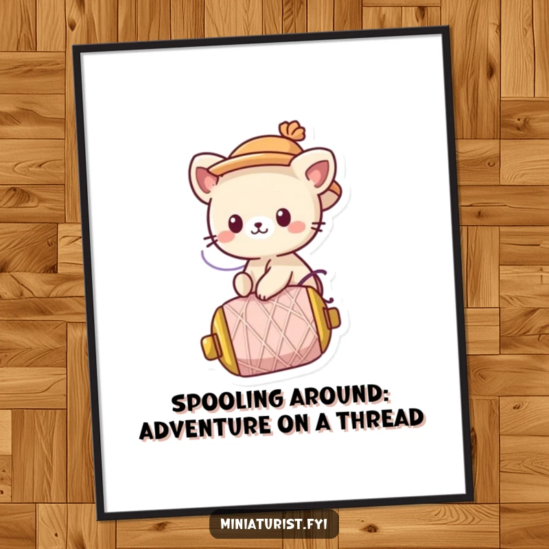 Funny Free Printable Wall Art of a cute animal character wearing a tiny hat while riding a fast-moving, runaway spool of thread.