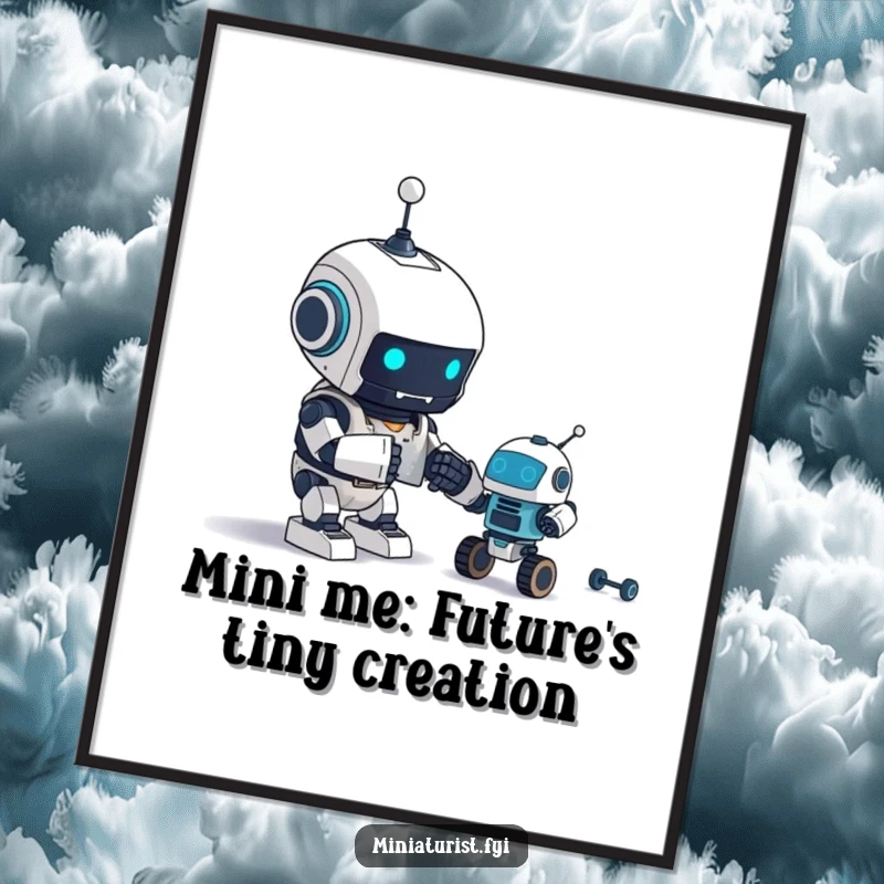 Funny Free Printable Wall Art of a tiny robot character with tools, enthusiastically assembling an even tinier robot companion.