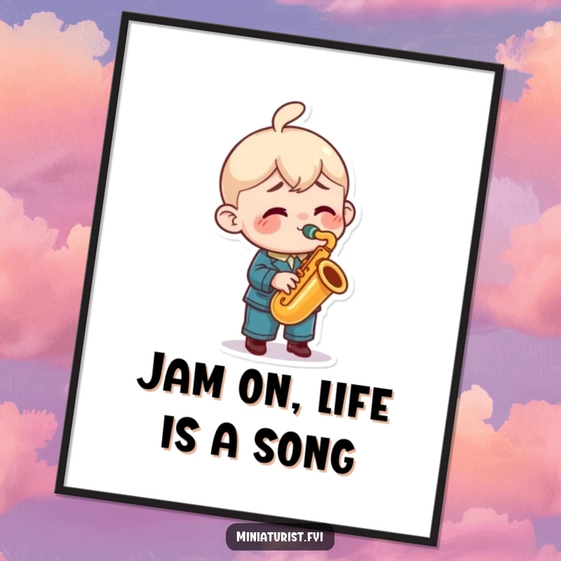 Funny Free Printable Wall Art: A miniature character passionately plays a tiny saxophone, radiating musical joy and energetic, humorous vibes.