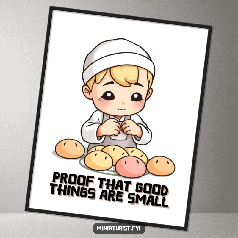 Funny Free Printable Wall Art: A small baker intently and playfully shaping minuscule loaves of bread.