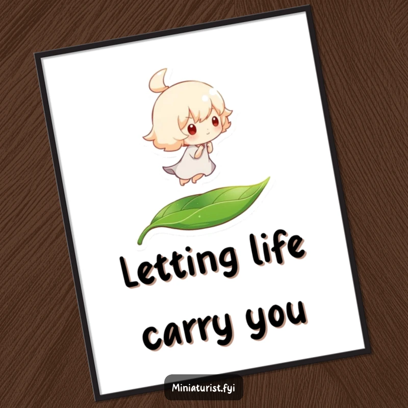 Funny Free Printable Wall Art: A small character peacefully rides a leaf on a gentle breeze, embodying tranquility and fun.