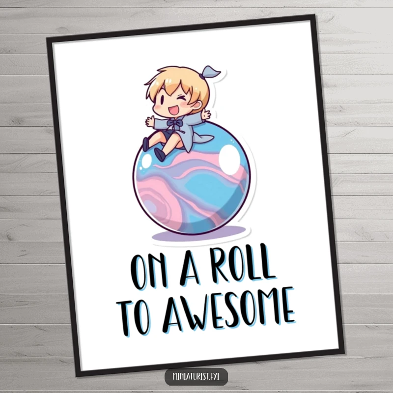 Funny Free Printable Wall Art: Character Joyfully Riding a Large Rolling Marble, Capturing a Moment of Pure Playful Excitement.