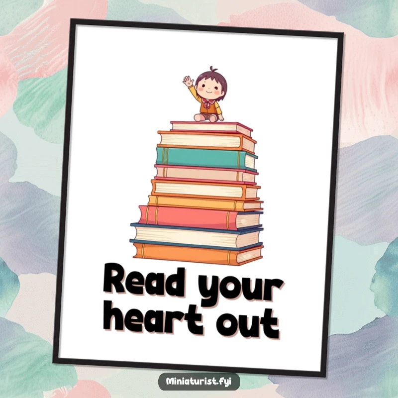 Funny Free Printable Wall Art: A tiny figure waves enthusiastically from atop a towering stack of oversized books, celebrating knowledge.