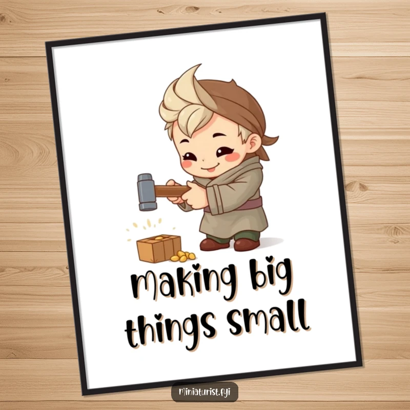 Funny Free Printable Wall Art: A miniature artisan diligently hammering with intense concentration and a subtle, happy smile.