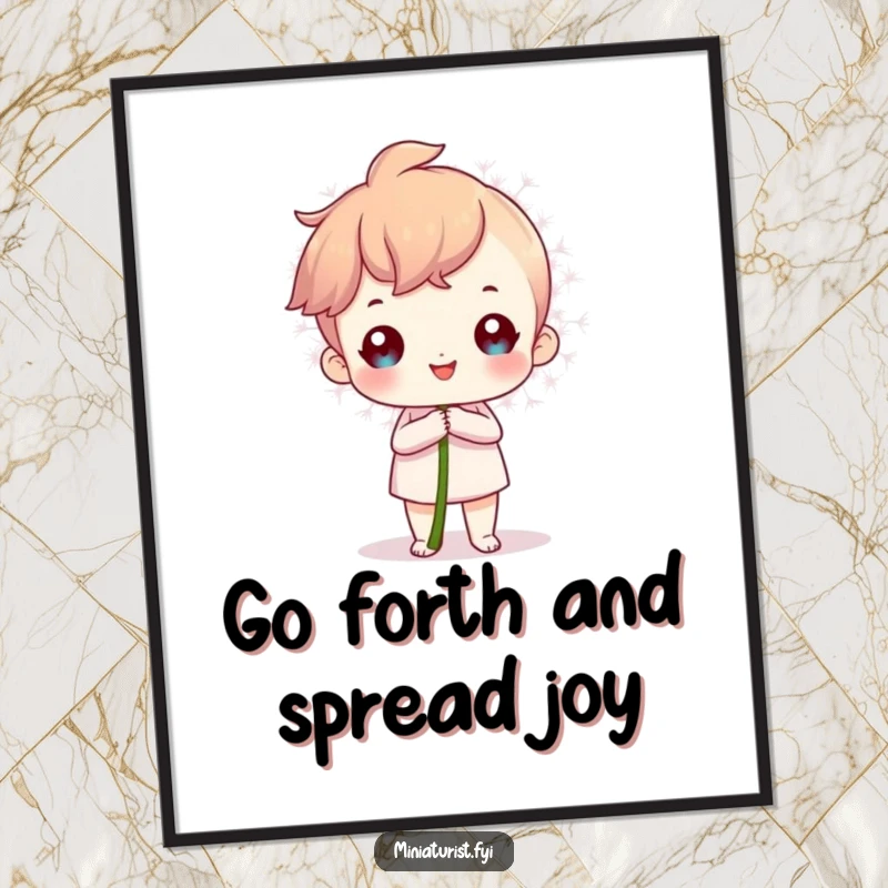 Funny Free Printable Wall Art: Miniature character looks proudly at a gigantic dandelion seed, a humorous downloadable art piece.