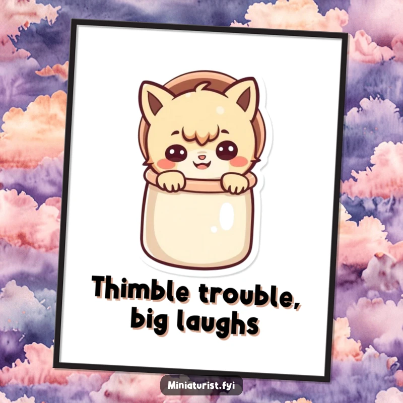 Funny Free Printable Wall Art: Small character grins slyly peeking from a sewing thimble, a mischievous and whimsical DIY decor.