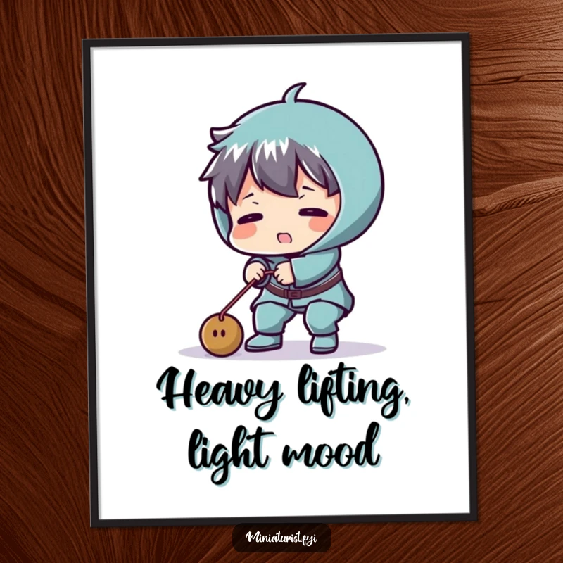 Funny Free Printable Wall Art: Tiny character red-faced, struggling to lift a microscopic weight, comical gym humor DIY decor.