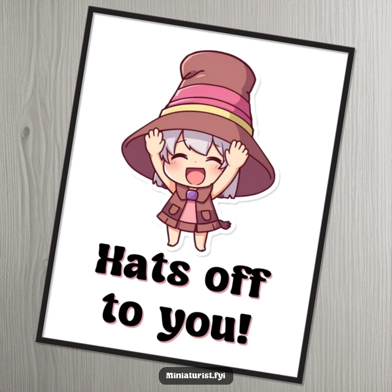 Funny Free Printable Wall Art: Miniature character excitedly tries on a ridiculously oversized hat, creating a whimsical scene.