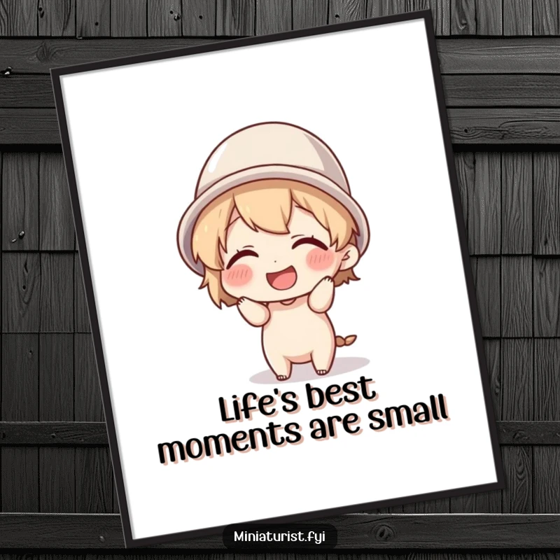 Funny free printable wall art: a tiny character giggling uncontrollably while wearing a thimble as a whimsical hat.