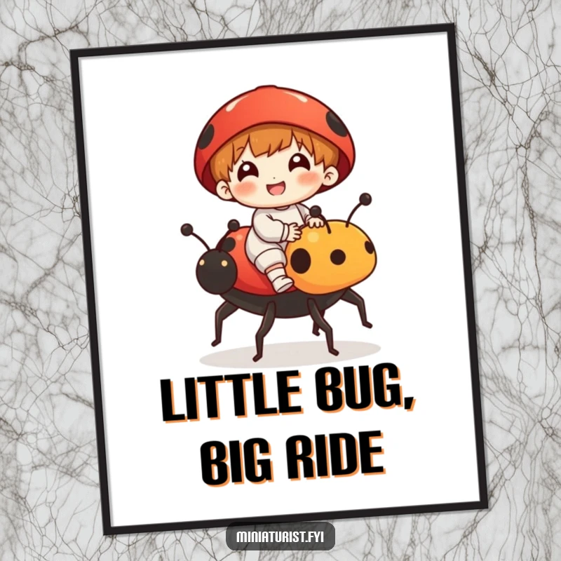 Funny Free Printable Wall Art: A small figure gleefully rides a ladybug like a tiny steed on colorful art.