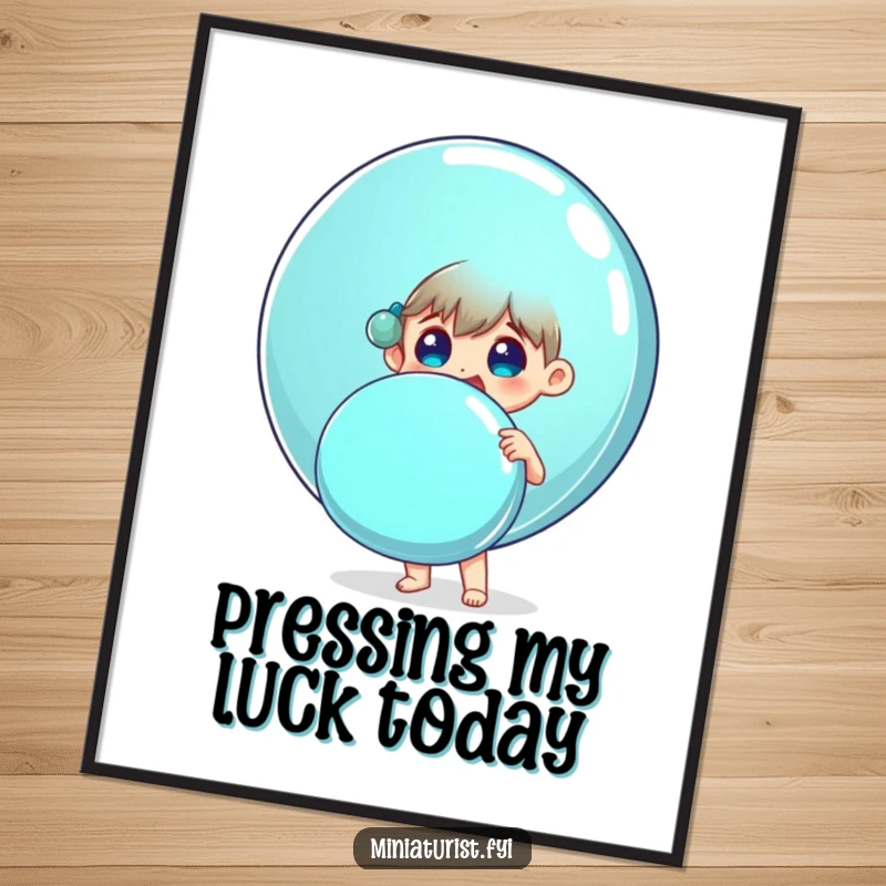 Funny Free Printable Wall Art: A small, delighted person holds a giant, shiny button, exuding happiness and surprise.