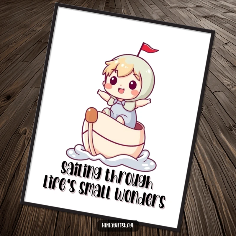 Funny Free Printable Wall Art: A miniature character gleefully riding a thimble as if it were a tiny, adventurous boat.