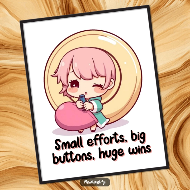 Funny Free Printable Wall Art: A miniature character winks, humorously attempting to sew a disproportionately large button onto a piece of fabric.