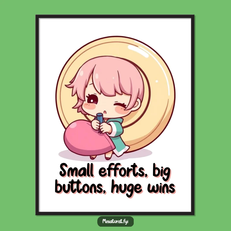 Free Printable Wall Art: Tiny Character Sewing Giant Button, Whimsical Downloadable Decor