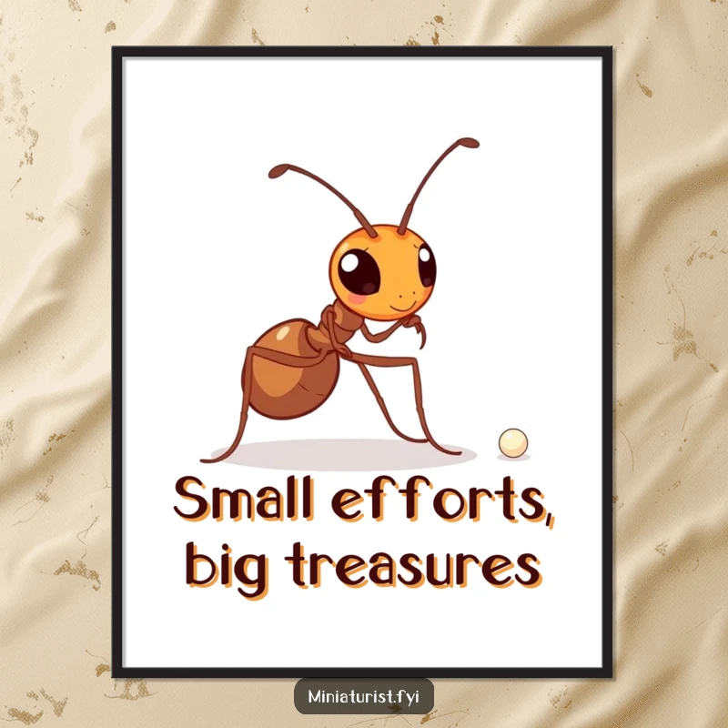 Funny Free Printable Wall Art depicting a determined ant carrying a minuscule pearl, a symbol of great effort and downloadable art.