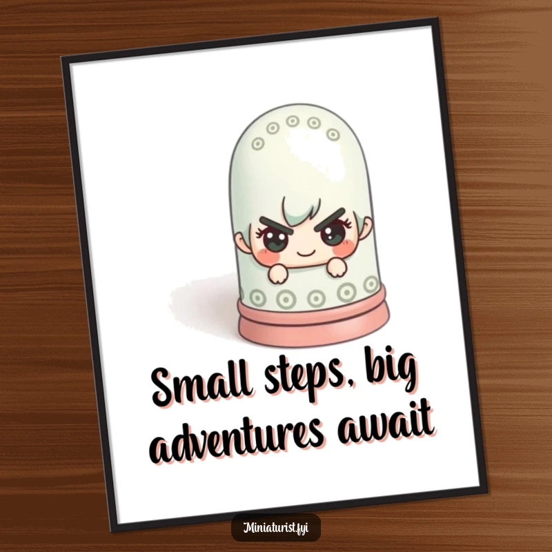Funny Free Printable Wall Art: A tiny figure with a mischievous expression hiding behind a colossal sewing thimble, a quirky downloadable art.
