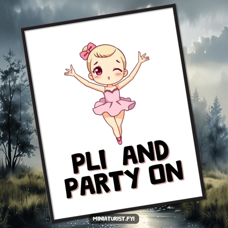 Funny Free Printable Wall Art: Miniature character striking a silly, exaggerated ballet pose, a charming and humorous piece.