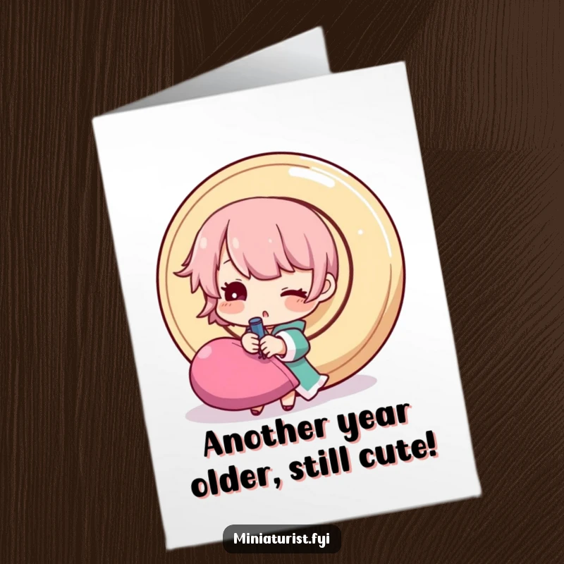 Funny Free Printable Birthday Card: A determined tiny character winks while struggling to sew a comically oversized button onto fabric.