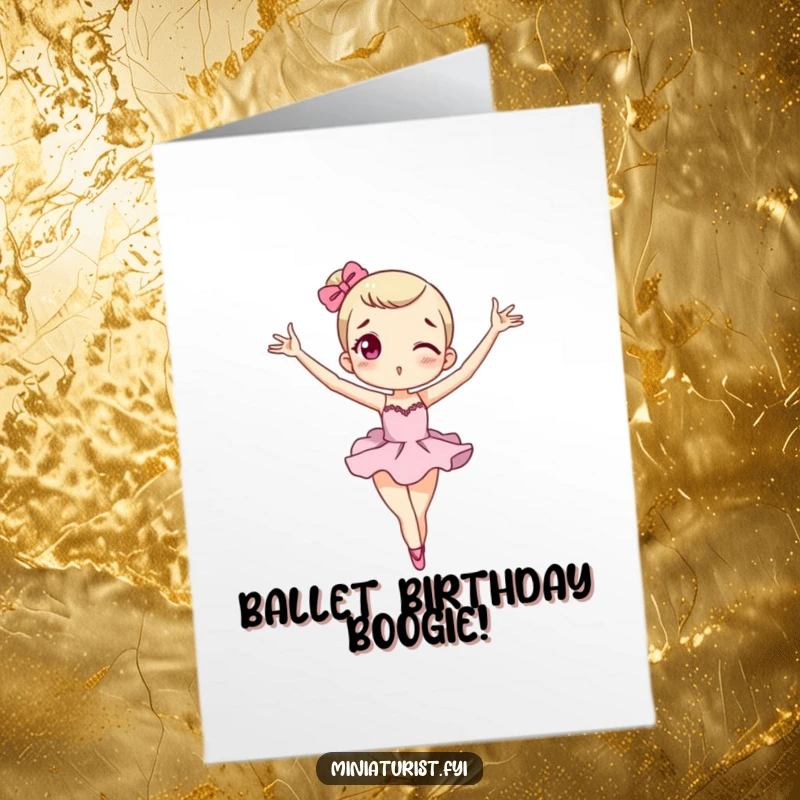 Funny Free Printable Birthday Card: Miniature character performing a silly, exaggerated ballet pose, perfect for a graceful yet humorous wish.
