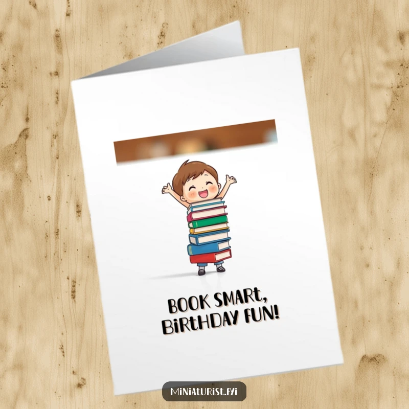 Funny Free Printable Birthday Card: Tiny figure joyfully balances a tall stack of impossibly small books with a grin.