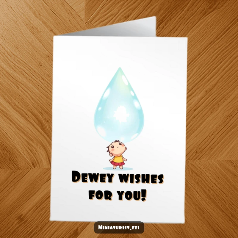 Funny Free Printable Birthday Card: Tiny character gazes in awe at a giant sparkling dewdrop, a magical DIY gift.