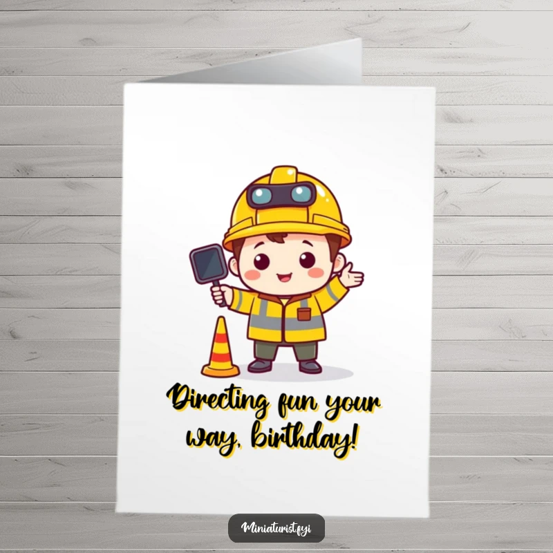 Funny free printable birthday card: a tiny character in a construction hat expertly directs miniature traffic, ensuring smooth birthday flow.
