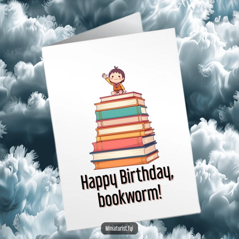 Funny Free Printable Birthday Card: A tiny figure waves happily from atop a huge stack of books, celebrating.