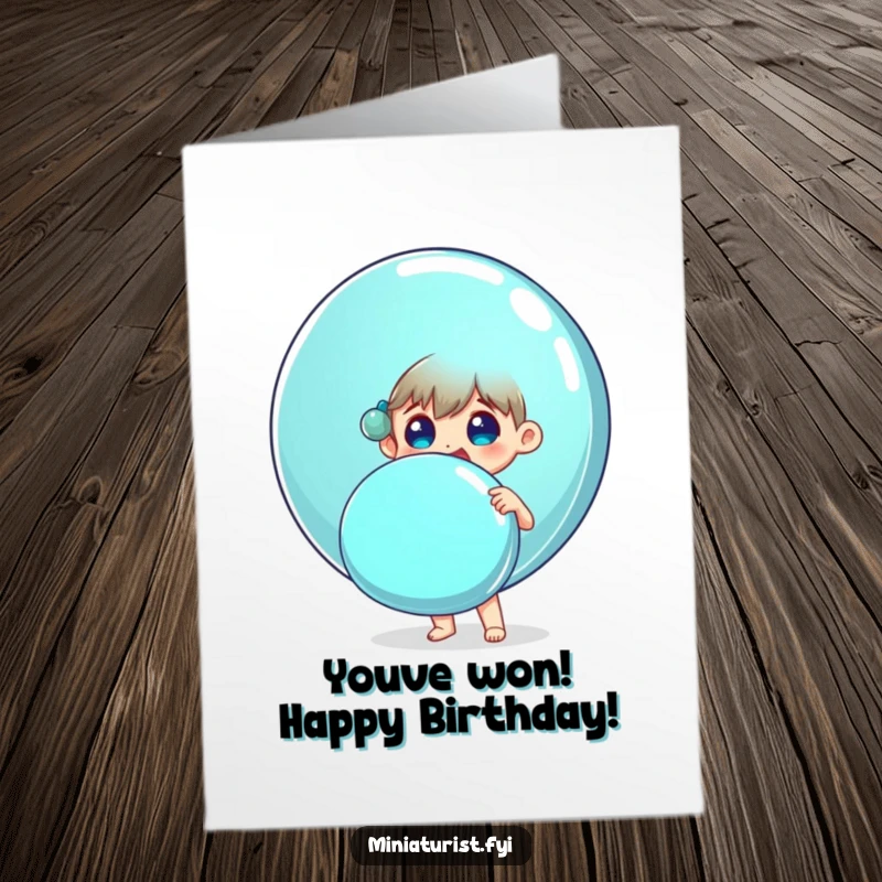 Funny Free Printable Birthday Card: A tiny person beams with delight holding a huge, shiny button, perfect for birthdays.