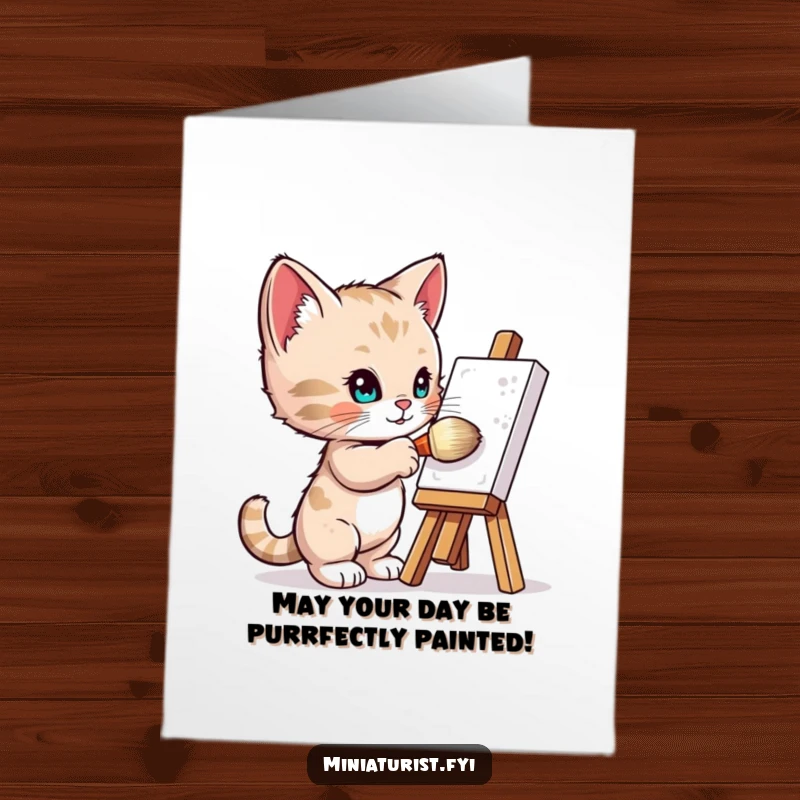 Funny Free Printable Birthday Card featuring a tiny kitten artist painting with a giant brush on a miniature easel.